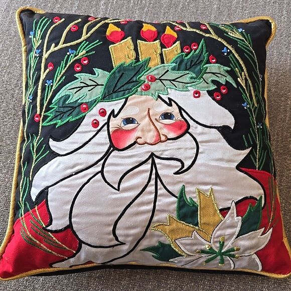 House of Hatten 13” Christmas Throw Pillow Santa Applique Embroidered Gold Red - Picture 1 of 8